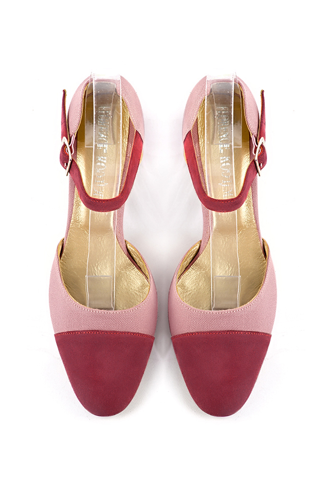 Women's raspberry red and dusty rose pink open side dress shoes, with an instep strap. Round toe. Medium block heels - Top view